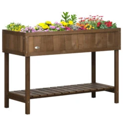 Outsunny Wooden Raised Garden Bed, Elevated Planter Box Stand With 8 Slots And Open Shelf, Dark Brown