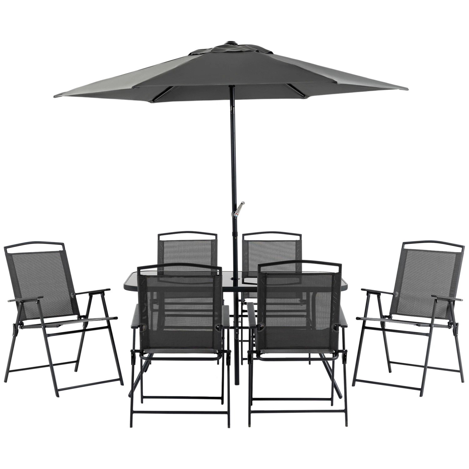 Outsunny 8 Piece Patio Dining Set With Table Umbrella, 6 Folding Chairs And Rectangle Dining Table, Outdoor Patio Furniture Set, Black 1 Outsunny 8 Piece Patio Dining Set With Table Umbrella, 6 Folding Chairs And Rectangle Dining Table, Outdoor Patio Furniture Set, Black