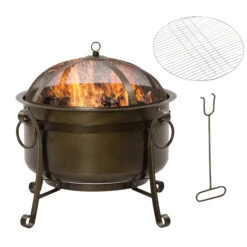 Outsunny 30" Outdoor Fire Pit Grill, Portable Steel Wood Burning Bowl, Cooking Grate, Poker, Spark Screen Lid For Patio, Backyard, BBQ, Camping, Bronze Colored