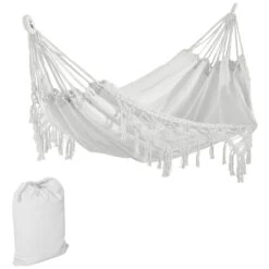 Outsunny Extra Large Boho Hammock With Macrame Tassel Fringe, Includes Carrying Bag, Indoor Outdoor Tree Hammock For Porch, Backyard, Camping, White -Outsunny AFq98a183169c99a3