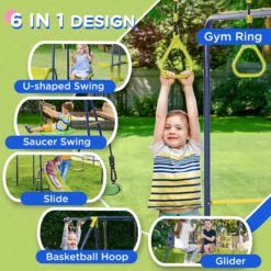 Outsunny Heavy-Duty Metal Swing Set For Backyard, With A-Frame Swing Stand, Saucer Swing, Glider, Slide, Gym Rings, Basketball Hoop, Ground Stakes, For Outdoor Indoor, Aged 3-12 Years Old -Outsunny AFwa091862ec0b5e1