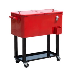 Outsunny 80 QT Rolling Cooling Bins Ice Chest On Wheels Outdoor Stand Up Drink Cooler Cart For Party, Red