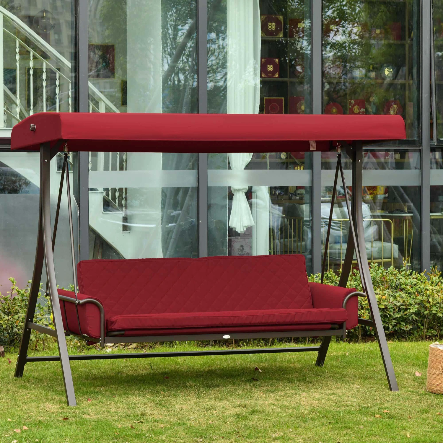 Outsunny 3-Seat Patio Swing Chair, Converting Flatbed, Outdoor Porch Swing Glider With Adjustable Canopy, Removable Cushions, Pillows For Garden, Poolside, Backyard, Red 2 Outsunny 3-Seat Patio Swing Chair, Converting Flatbed, Outdoor Porch Swing Glider With Adjustable Canopy, Removable Cushions, Pillows For Garden, Poolside, Backyard, Red - Image 2