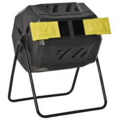 Outsunny 43 Gallon Outdoor Compost Tumbler Bin, Garden Composter With Dual Chamber Sliding Doors For Patio, Black & Yellow