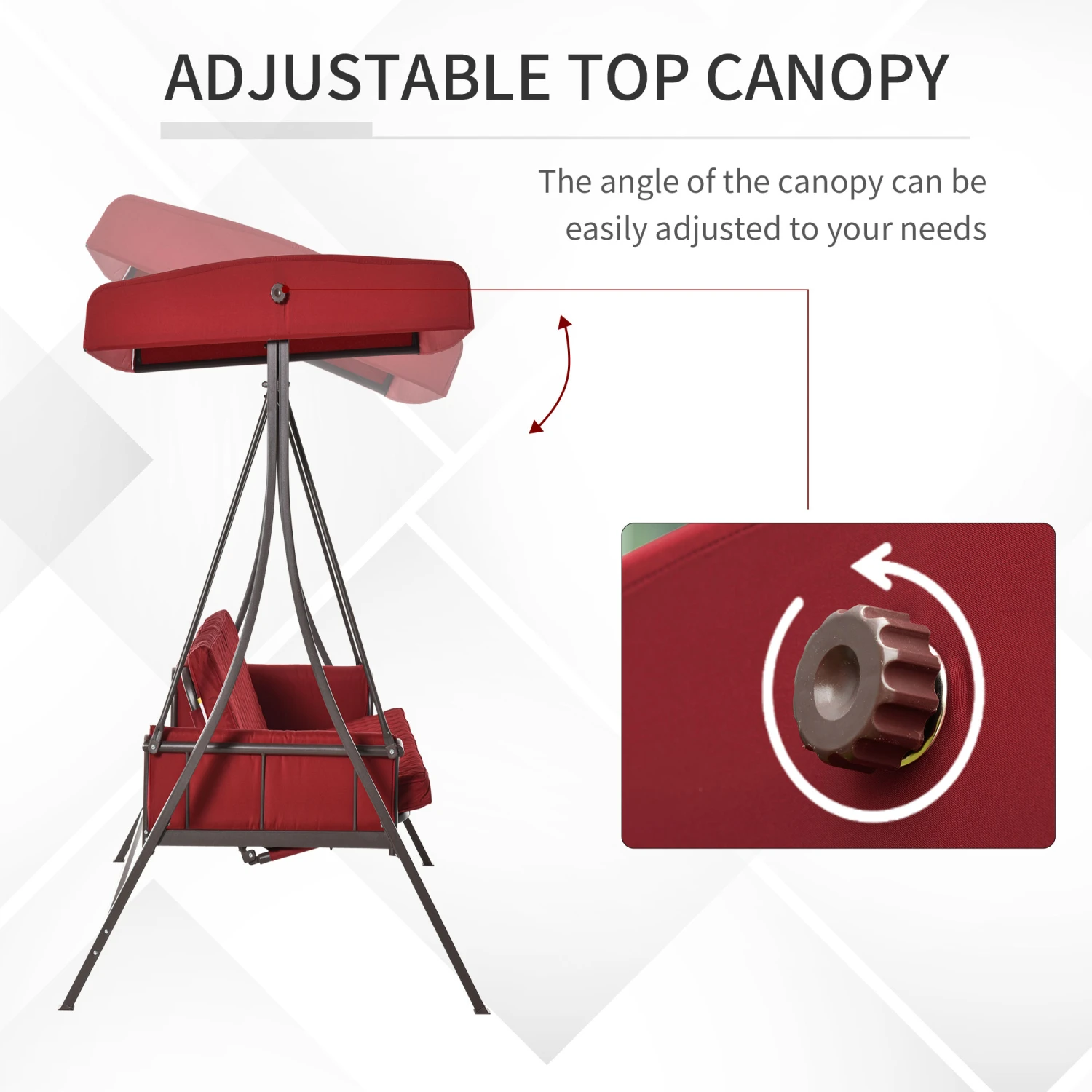 Outsunny 3-Seat Patio Swing Chair, Converting Flatbed, Outdoor Porch Swing Glider With Adjustable Canopy, Removable Cushions, Pillows For Garden, Poolside, Backyard, Red 5 Outsunny 3-Seat Patio Swing Chair, Converting Flatbed, Outdoor Porch Swing Glider With Adjustable Canopy, Removable Cushions, Pillows For Garden, Poolside, Backyard, Red - Image 5