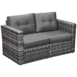 Outsunny 2 Piece Patio Wicker Corner Sofa Set, Outdoor PE Rattan Furniture, With Curved Armrests And Padded Cushions For Balcony, Garden, Or Lawn, Lawn, Grey