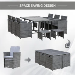 Outsunny 11 PCS Patio Dining Set Outdoor Rattan Wicker Furniture Set With Space Saving Chairs, Glass Top Table And Cushion, Mixed Grey -Outsunny AwSa0918181c397a2