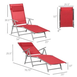 Outsunny Outdoor Folding Chaise Lounge Chair, Portable Lightweight Reclining Sun Lounger With 7-Position Adjustable Backrest & Pillow For Patio, Deck, And Poolside, Red -Outsunny B6Kc171815dc859ca
