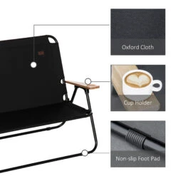 Outsunny Double Folding Camping Chair, Loveseat For 2 Adults, Portable Camping Couch With Wood Armrest & Cupholders, For Backpacking, Beach, Sports Travel, Black -Outsunny BIC75618123778ed8