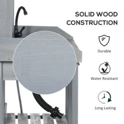 Outsunny Potting Bench Table, Includes Removable Outdoor Sink Station With Hose Hook Up, Wooden Work Station With Faucet, Drawer, Shelves, Hooks, Gray -Outsunny BRt756188c3b86450