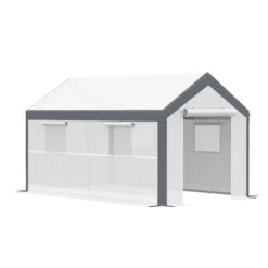 Outsunny 12' L X 7' W X 7' H Outdoor Walk-In Tunnel Greenhouse, Garden Warm Hot House With Roll Up Windows, Zippered Door, And Weather Cover, White/Dark Grey