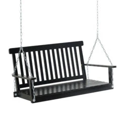 Outsunny 2-Seater Hanging Porch Swing Outdoor Patio Swing Chair Seat With Slatted Build And Chains, 440lbs Weight Capacity, Black