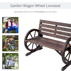 Outsunny Wooden Wagon Wheel Bench, Rustic Outdoor Patio Furniture, 2-Person Seat Bench With Backrest, Carbonized -Outsunny BZk48817e677ab805