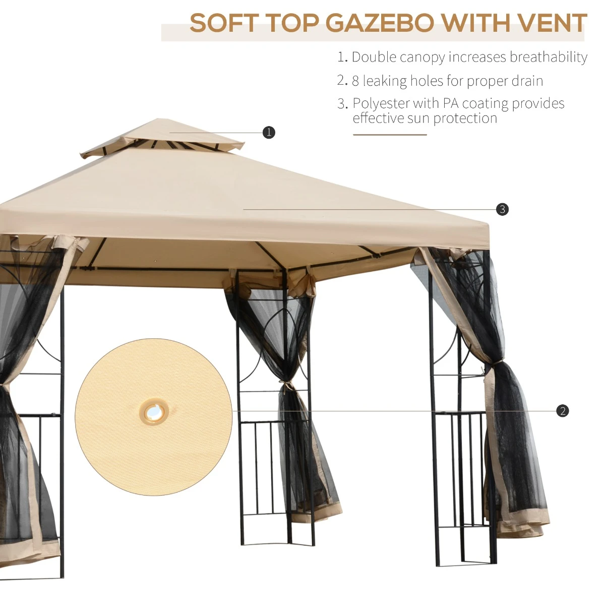 Outsunny 10' X 10' Patio Gazebo With Corner Shelves, Outdoor Gazebo Canopy Shelter With Netting, And Vented Roof, For Garden, Lawn, Backyard And Deck 5 Outsunny 10' X 10' Patio Gazebo With Corner Shelves, Outdoor Gazebo Canopy Shelter With Netting, And Vented Roof, For Garden, Lawn, Backyard And Deck - Image 5