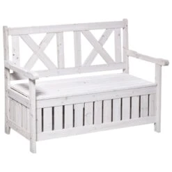 Outsunny 29 Gallon Garden Storage Bench With Wooden Frame, Large Entryway Deck Box W/ Unique X-Shape Back, Louvered Side Panels For Patio, Garden, Deck, Porch & Balcony, White