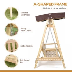 Outsunny Wooden Porch Swing Bench, 2-Seater Outdoor Swing Glider With Adjustable Canopy, Adjustable Hanging Chains, A-Frame, For Garden, Poolside, Backyard, Brown -Outsunny Bki88c17f83ab2098