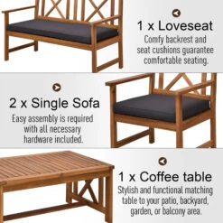 Outsunny 4 Piece Acacia Wood Outdoor Patio Furniture Set With 2 Armchairs, 1 Sofa, & 1 Coffee Table, Cushions Included -Outsunny BoW08417e691fdd11