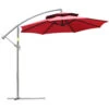 Outsunny 9' Offset Patio Umbrella With Base, Steel Hanging Cantilever Umbrella, 2-Tier Easy Tilt Polyester Shade, 8 Ribs, Crank, Cross Base, Red