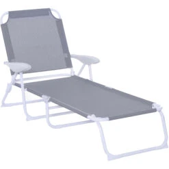 Outsunny Folding Chaise Lounge, Outdoor Sun Tanning Chair, 4-Position Reclining Back, Armrests, Iron Frame & Mesh Fabric For Beach, Yard, Patio, Gray