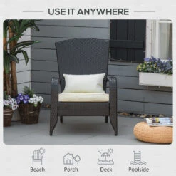 Outsunny Patio Wicker Adirondack Chair, Outdoor All-Weather Rattan Fire Pit Chairs W/ Soft Cushions, Tall Curved Backrest, And Comfortable Armrest For Deck Or Garden, Cream White -Outsunny C1u7561816292f203