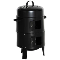 Outsunny 3-in-1 Vertical Charcoal BBQ Smoker Grill With 2 Cooking Areas And Thermometer