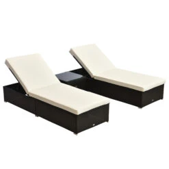 Outsunny Wicker Patio Lounge Chair Set, Outdoor Chaise Lounge Sets W/ 5-Level Angles Adjust Backrest, Thick Cushions, & Matching Table, For Pool Side, Balcony, Beach, Yard, Cream White