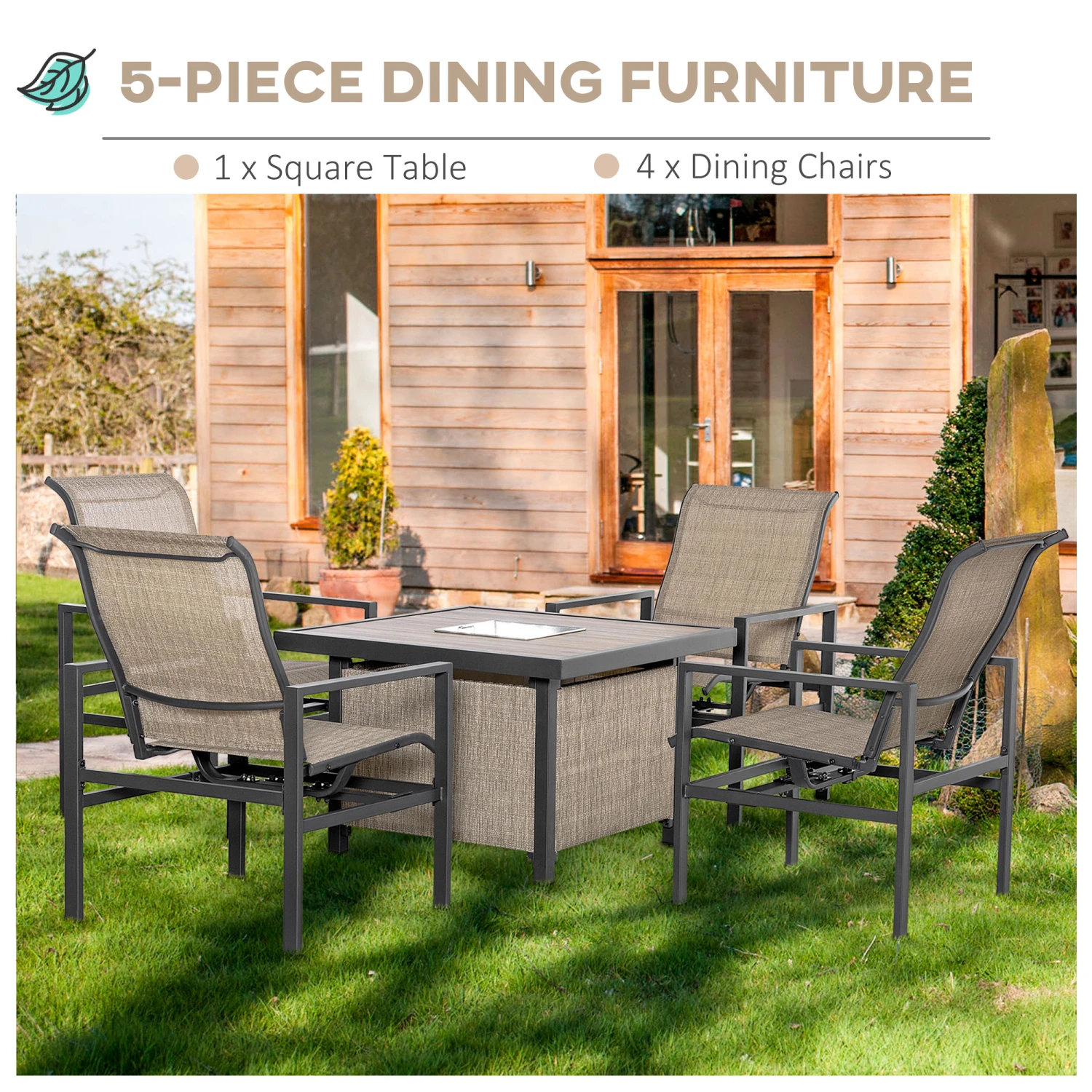 Outsunny 5 Piece Garden Patio Dining Set, Steel, Outdoor Conversation Set, Square Dinner Table With Built-in Ice Bucket Insert, 4 Rocking Chairs For Garden, Lawn, Backyard, Beige 4 Outsunny 5 Piece Garden Patio Dining Set, Steel, Outdoor Conversation Set, Square Dinner Table With Built-in Ice Bucket Insert, 4 Rocking Chairs For Garden, Lawn, Backyard, Beige - Image 4
