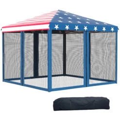 Outsunny 10' X 10' Pop Up Canopy Tent With Netting, Instant Gazebo, Ez Up Screen House Room With Carry Bag, Height Adjustable, For Outdoor, Garden, Patio, American Flag -Outsunny CETdaa181b9e6aa6a