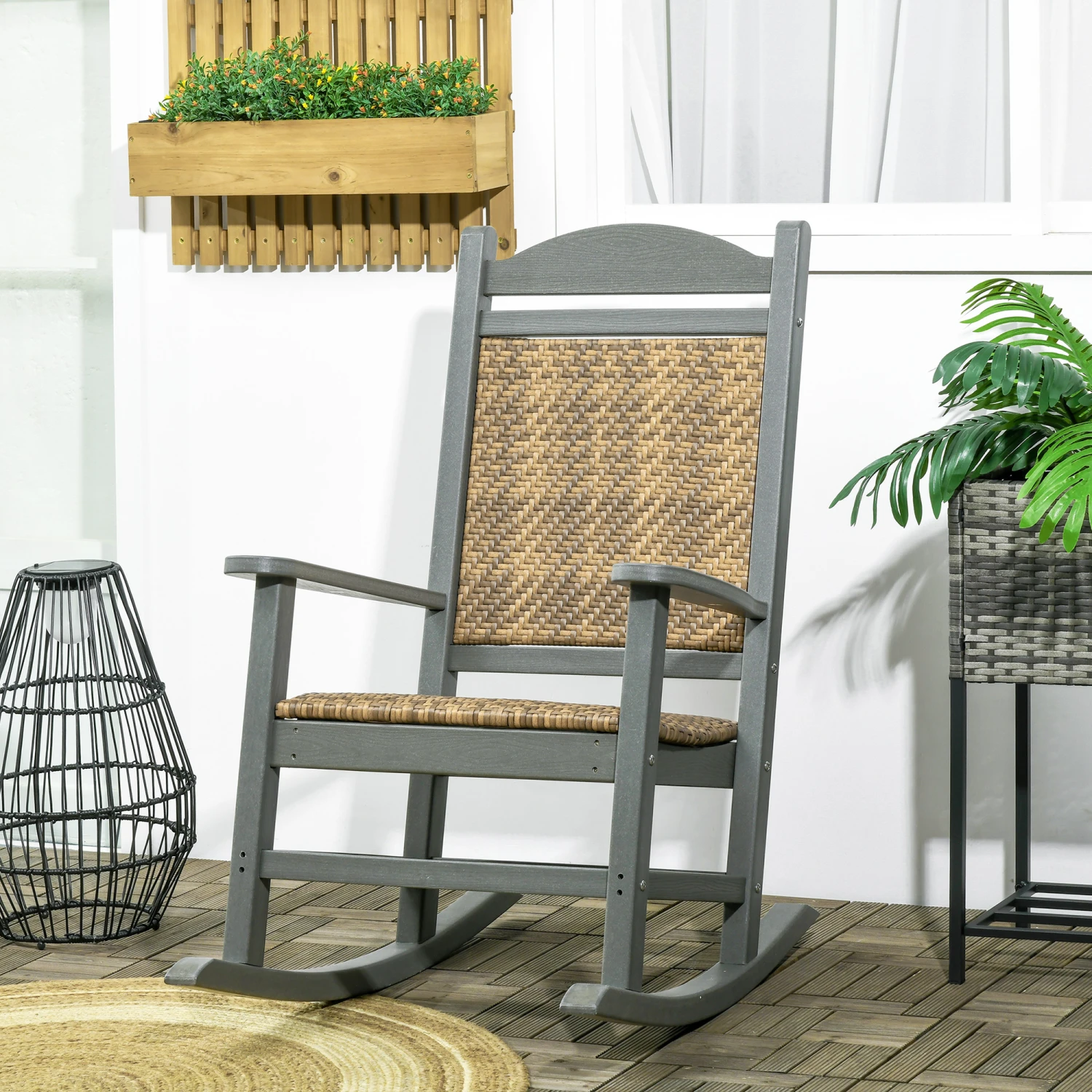 Outsunny Outdoor Rocking Chair, Traditional Wicker Porch Rocker W/ Soft Padded Seat, Breathable Backrest, Fade-Resistant Waterproof HDPE Frame With PE Rattan For Indoor & Outdoor, Dark Gray 2 Outsunny Outdoor Rocking Chair, Traditional Wicker Porch Rocker W/ Soft Padded Seat, Breathable Backrest, Fade-Resistant Waterproof HDPE Frame With PE Rattan For Indoor & Outdoor, Dark Gray - Image 2