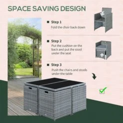 Outsunny 9 Piece Outdoor Rattan Wicker Dining Table And Chairs Furniture Set Space Saving Wicker Chairs W/ Cushions - Grey -Outsunny Cbka0918181c28e95