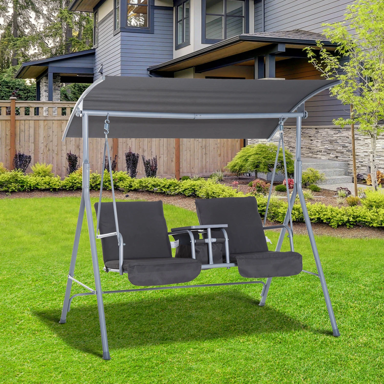 Outsunny 2 Person Porch Swing With Stand, Outdoor Swing With Canopy, Pivot Storage Table, 2 Cup Holders, Cushions For Patio, Backyard, Gray 3 Outsunny 2 Person Porch Swing With Stand, Outdoor Swing With Canopy, Pivot Storage Table, 2 Cup Holders, Cushions For Patio, Backyard, Gray - Image 3