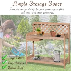 Outsunny Outdoor Garden Potting Bench, Wooden Workstation Table W/ Drawer, Hooks, Open Shelf, Lower Storage And Lattice Back For Patio, Backyard And Porch -Outsunny CtW71f17ed37bb3d2