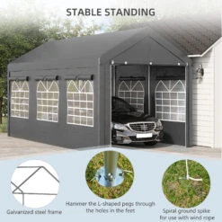 Outsunny 10' X 20' Party Tent & Carport, Height Adjustable Portable Garage, Outdoor Canopy Tent With Mesh Windows, Zippered Door, For Car, Truck, Boat, Motorcycle, Bike, Garden Tools, Dark Gray -Outsunny CwQ756188dc2e8361