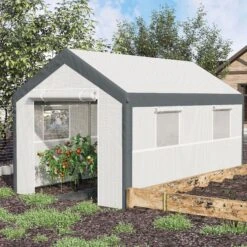 Outsunny 12' L X 7' W X 7' H Outdoor Walk-In Tunnel Greenhouse, Garden Warm Hot House With Roll Up Windows, Zippered Door, And Weather Cover, White/Dark Grey -Outsunny D3X90f18136de0c97