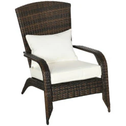 Outsunny Patio Wicker Adirondack Chair, Outdoor All-Weather Rattan Fire Pit Chair W/ Soft Cushions, Tall Curved Backrest And Comfortable Armrests For Deck Or Garden, Cream White