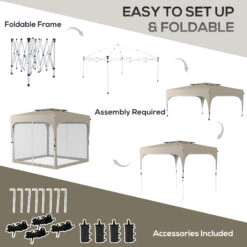 Outsunny 10' X 10' Pop Up Canopy Tent With Netting, Instant Gazebo Shelter, Height Adjustable, With Carry Bag And 4 Sand Bags, 100 Square Feet Of Shade, Khaki -Outsunny DSr88c17f2768e901
