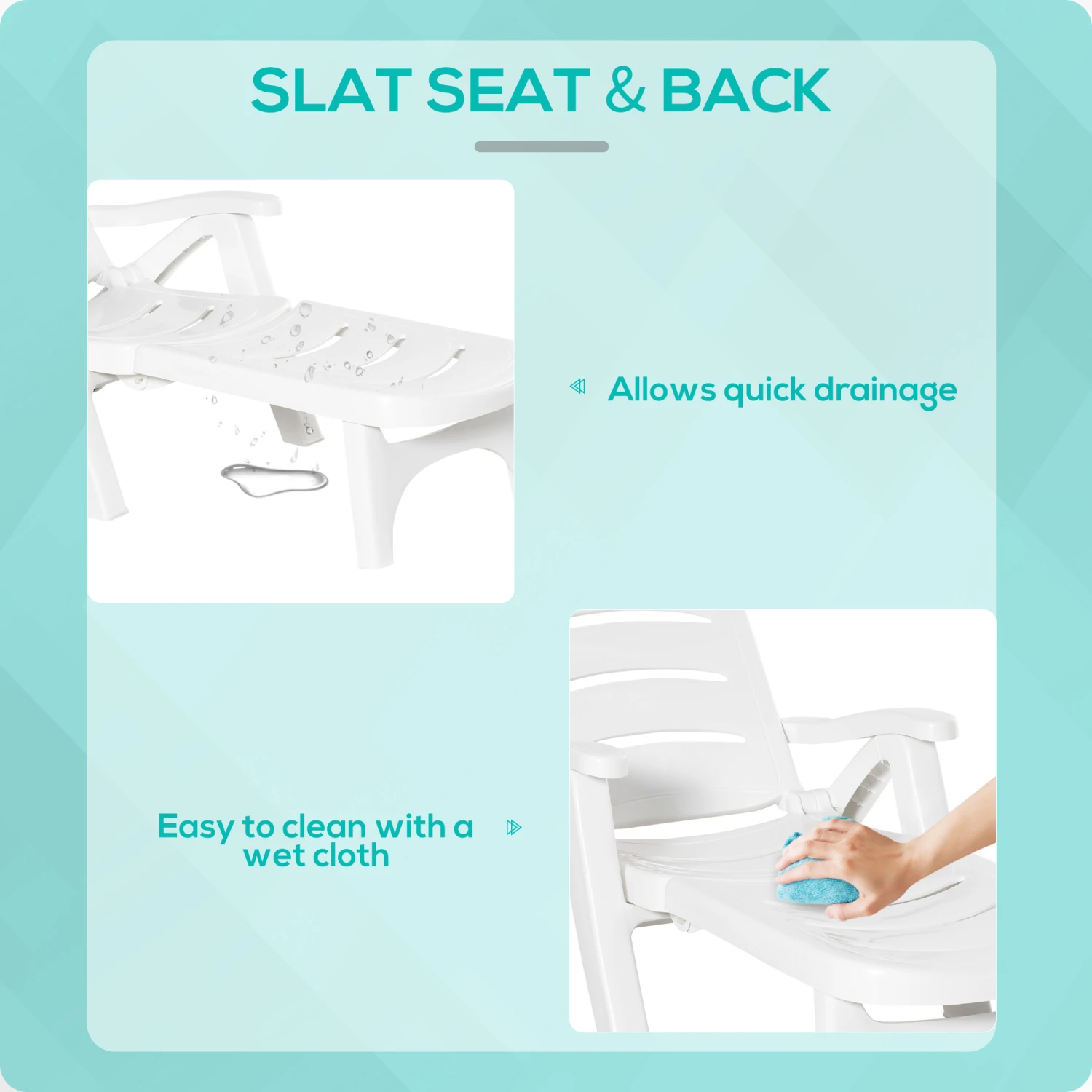 Outsunny Folding Chaise Lounge Chair On Wheels, Lightweight Plastic Patio Sun Recliner With 5 Position Backrest For Beach & Pool, White 8 Outsunny Folding Chaise Lounge Chair On Wheels, Lightweight Plastic Patio Sun Recliner With 5 Position Backrest For Beach & Pool, White - Image 8