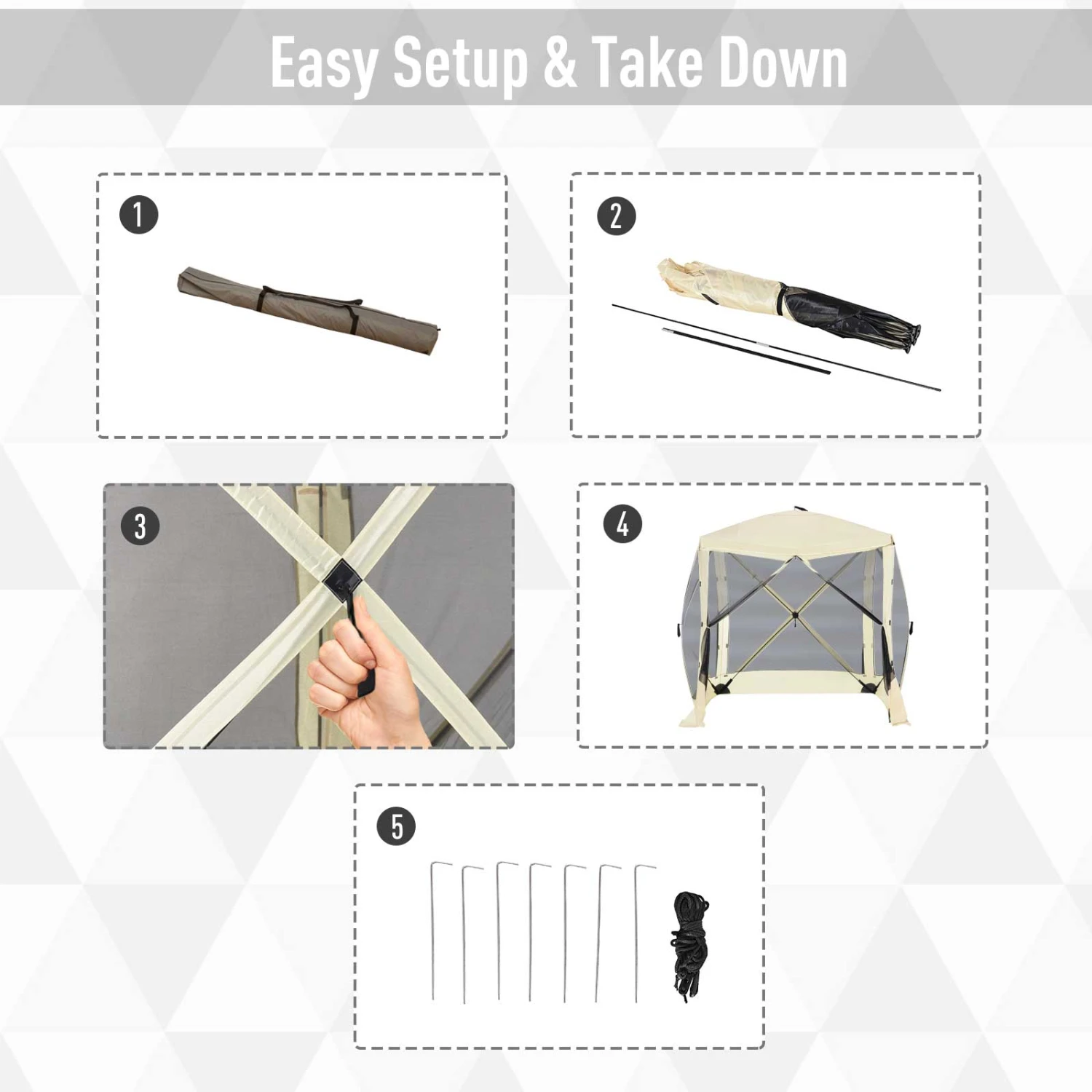 Outsunny Pop Up Camping Canopy Gazebo Screen Shelter Tent With Single Person Easy Set-Up, Ventilating Mesh, Portable Carry Bag For Outdoor Camping Party Event, 7x7FT, Beige 5 Outsunny Pop Up Camping Canopy Gazebo Screen Shelter Tent With Single Person Easy Set-Up, Ventilating Mesh, Portable Carry Bag For Outdoor Camping Party Event, 7x7FT, Beige - Image 5