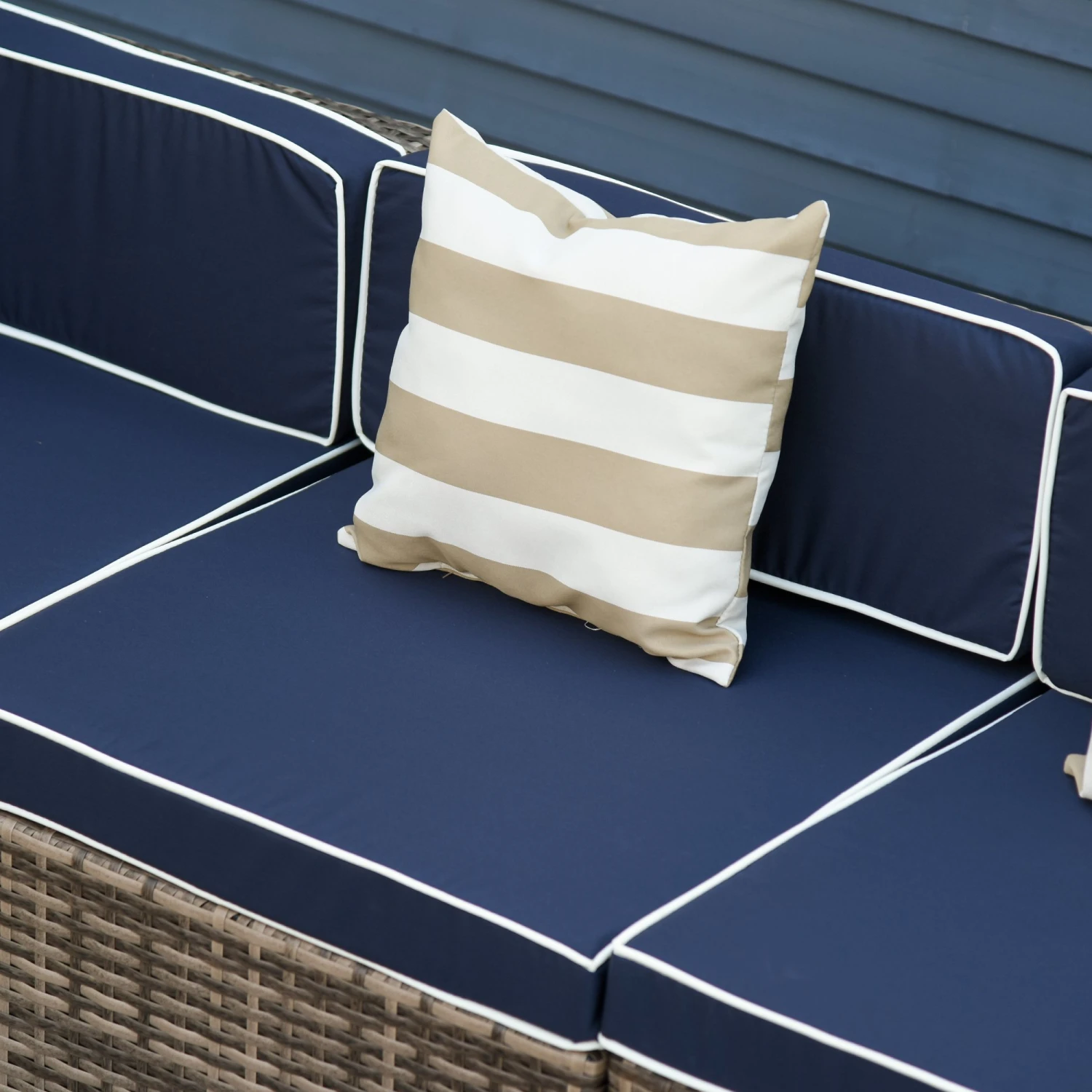 Outsunny 7-Piece Outdoor Wicker Patio Sofa Set, Modern Rattan Conversation Furniture Set With Cushions, Pillows And Tea Table - Blue 12 Outsunny 7-Piece Outdoor Wicker Patio Sofa Set, Modern Rattan Conversation Furniture Set With Cushions, Pillows And Tea Table - Blue - Image 12