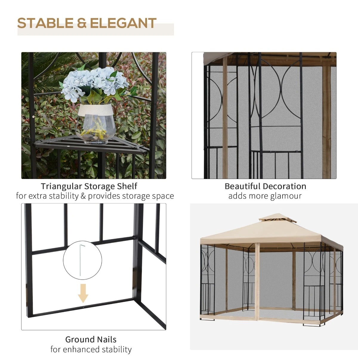 Outsunny 10' X 10' Patio Gazebo With Corner Shelves, Outdoor Gazebo Canopy Shelter With Netting, And Vented Roof, For Garden, Lawn, Backyard And Deck 7 Outsunny 10' X 10' Patio Gazebo With Corner Shelves, Outdoor Gazebo Canopy Shelter With Netting, And Vented Roof, For Garden, Lawn, Backyard And Deck - Image 7