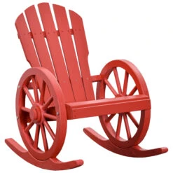 Outsunny Wooden Rocking Chair, Adirondack Rocker Chair W/ Slatted Design And Oversized Back, Outdoor Rocking Chair With Wagon Wheel Armrest For Porch, Poolside, And Garden, Red