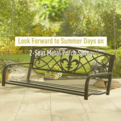 Outsunny 2-Person Porch Swing, Hanging Steel Patio Swing, Outdoor Swing Bench With Fleur-de-Lis Design For Garden Deck, 528 LBS Weight Capacity, Bronze -Outsunny E5Aefc1808d1a7249