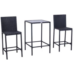 Outsunny 3pcs Rattan Bar Set With Glass Top Table, 2 Bar Stools For Outdoor, Patio, Garden, Poolside, Backyard