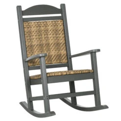 Outsunny Outdoor Rocking Chair, Traditional Wicker Porch Rocker W/ Soft Padded Seat, Breathable Backrest, Fade-Resistant Waterproof HDPE Frame With PE Rattan For Indoor & Outdoor, Dark Gray