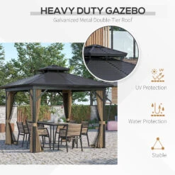 Outsunny 10' X 10' Hardtop Gazebo Canopy With Galvanized Steel Double Roof, Aluminum Frame, Permanent Pavilion Outdoor Gazebo With Netting And Curtains For Patio, Garden, Backyard, Dark Brown -Outsunny EHra09186dea27811