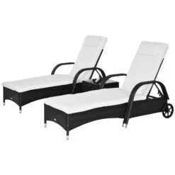 Outsunny 3 Piece Outdoor Furniture Set, 2 Reclining Chaise Lounge Chairs, Rolling Wheels, Armrests, Headrests, Thickly Cushioned, 1 Side Table, PE Plastic Rattan, Black -Outsunny EMzdaa183201540b5