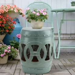 Outsunny 14" X 17" Ceramic Side Table Garden Stool With Knotted Ring Design & Glazed Strong Materials, Antique Blue -Outsunny ENlf43180163a7b67