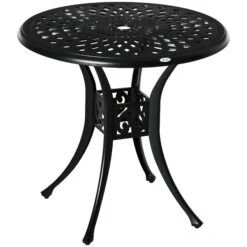 Outsunny 30" Round Patio Dining Table With Umbrella Hole, Antique Cast Aluminum Outdoor Bistro Table Only, Black