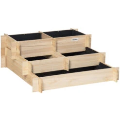 Outsunny 3-Tier Raised Garden Bed With 5 Compartments And Bed Liner, Elevated Wooded Wooden Planter Kit, For Vegetables, Herbs, Outdoor Plants, 37 X 37 X 14in, Natural