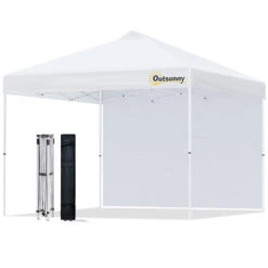 Outsunny 10' X 10' Pop-Up Canopy Tent With 1 Sidewall, Instant Sun Shelter, Tents For Parties, Height Adjustable, With Wheeled Carry Bag For Outdoor, Garden, Patio, White